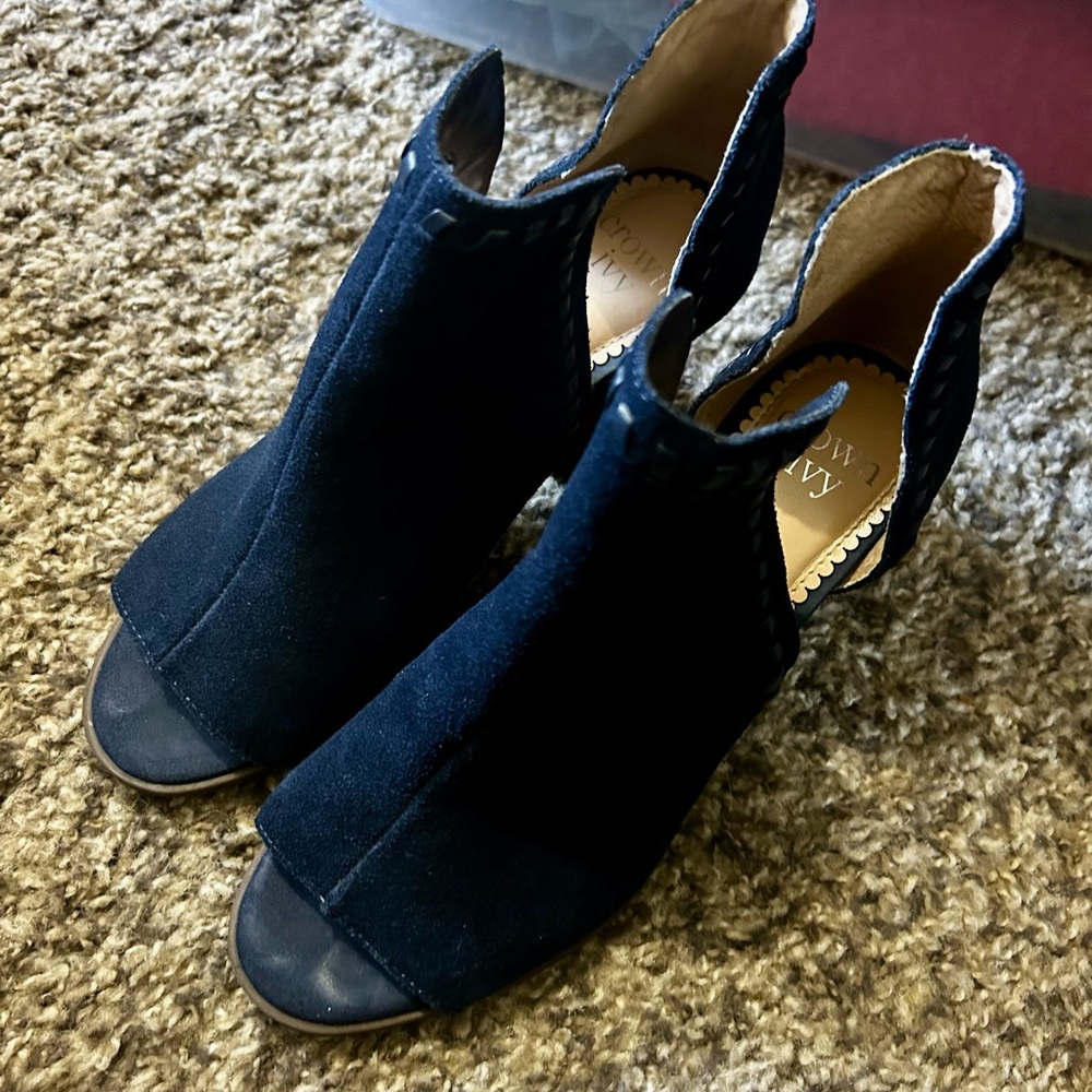 Crown & Ivy Navy Suede Peep-Toe Ankle Boots